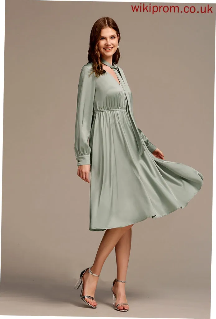 A-line Club Dresses Long V-Neck Elegant Bow(s) Esperanza Sleeves Midi Dresses Satin