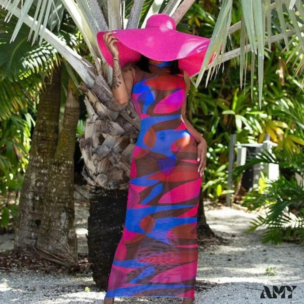 Amy Fashion - Sexy Chic Abstract Print Sheer Mesh Bodycon Maxi Dresses