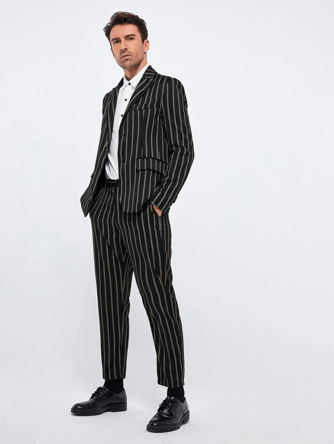 Black Peak Collar Striped Blazer and Tailored Trousers Set