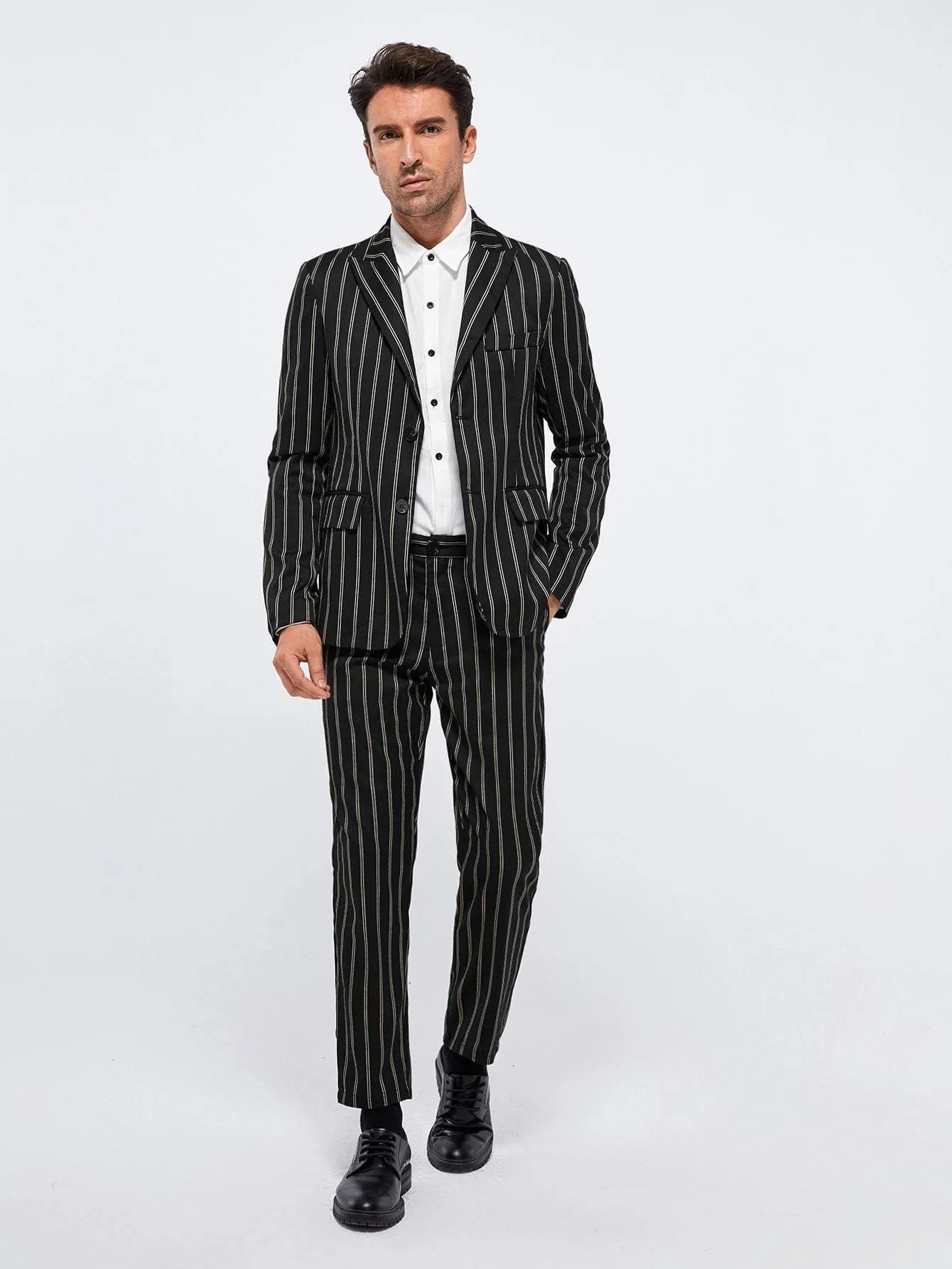 Black Peak Collar Striped Blazer and Tailored Trousers Set