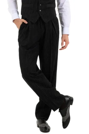 Black Pinstriped Tango Pants With Front And Back Pleat