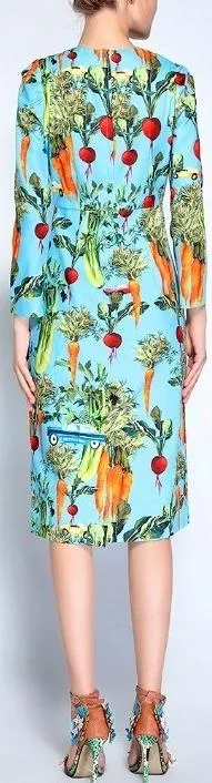 Blue Vegetable-Print Midi Pencil Dress