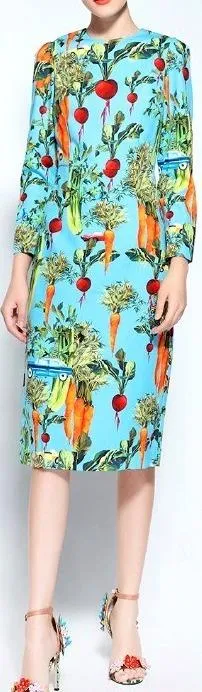 Blue Vegetable-Print Midi Pencil Dress