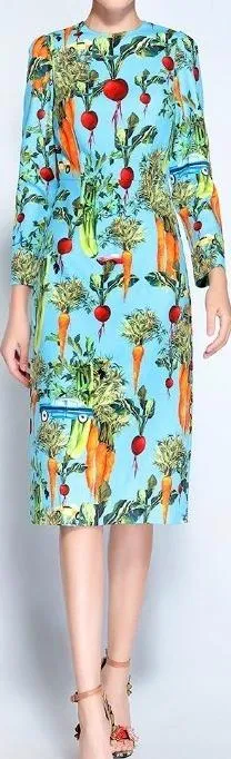 Blue Vegetable-Print Midi Pencil Dress