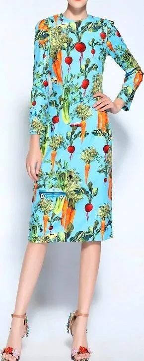 Blue Vegetable-Print Midi Pencil Dress