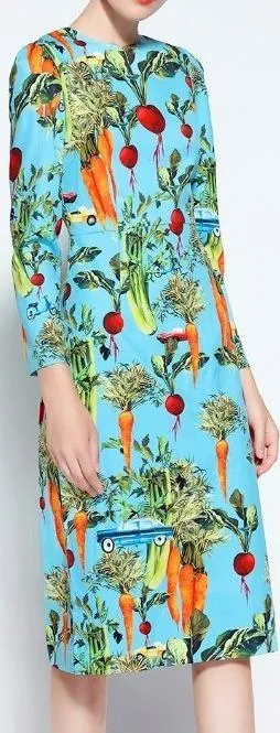 Blue Vegetable-Print Midi Pencil Dress