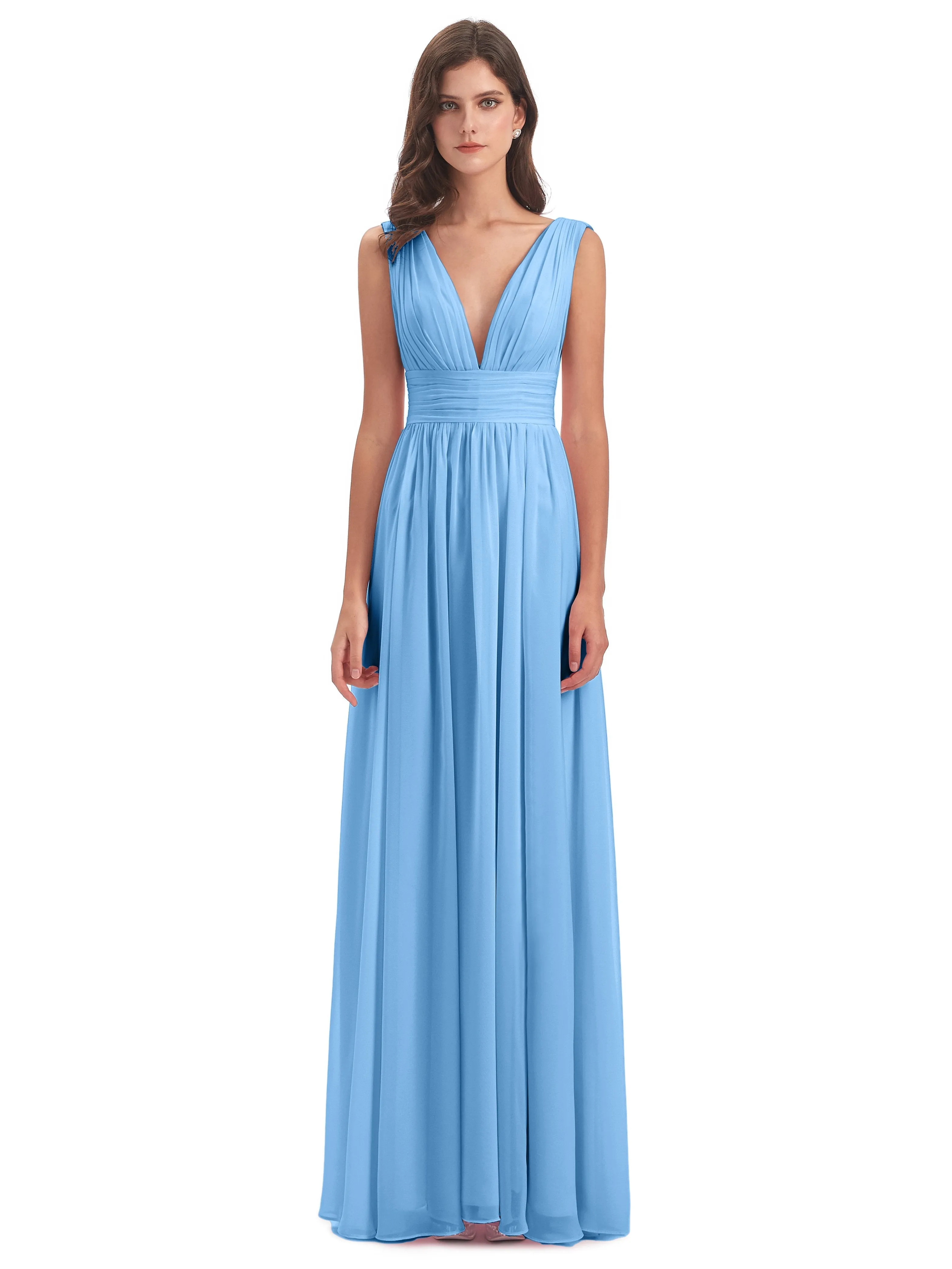 Bridesmaid Dresses Blue Charming Chiffon V Neck Split Long Bridesmaid Dresses