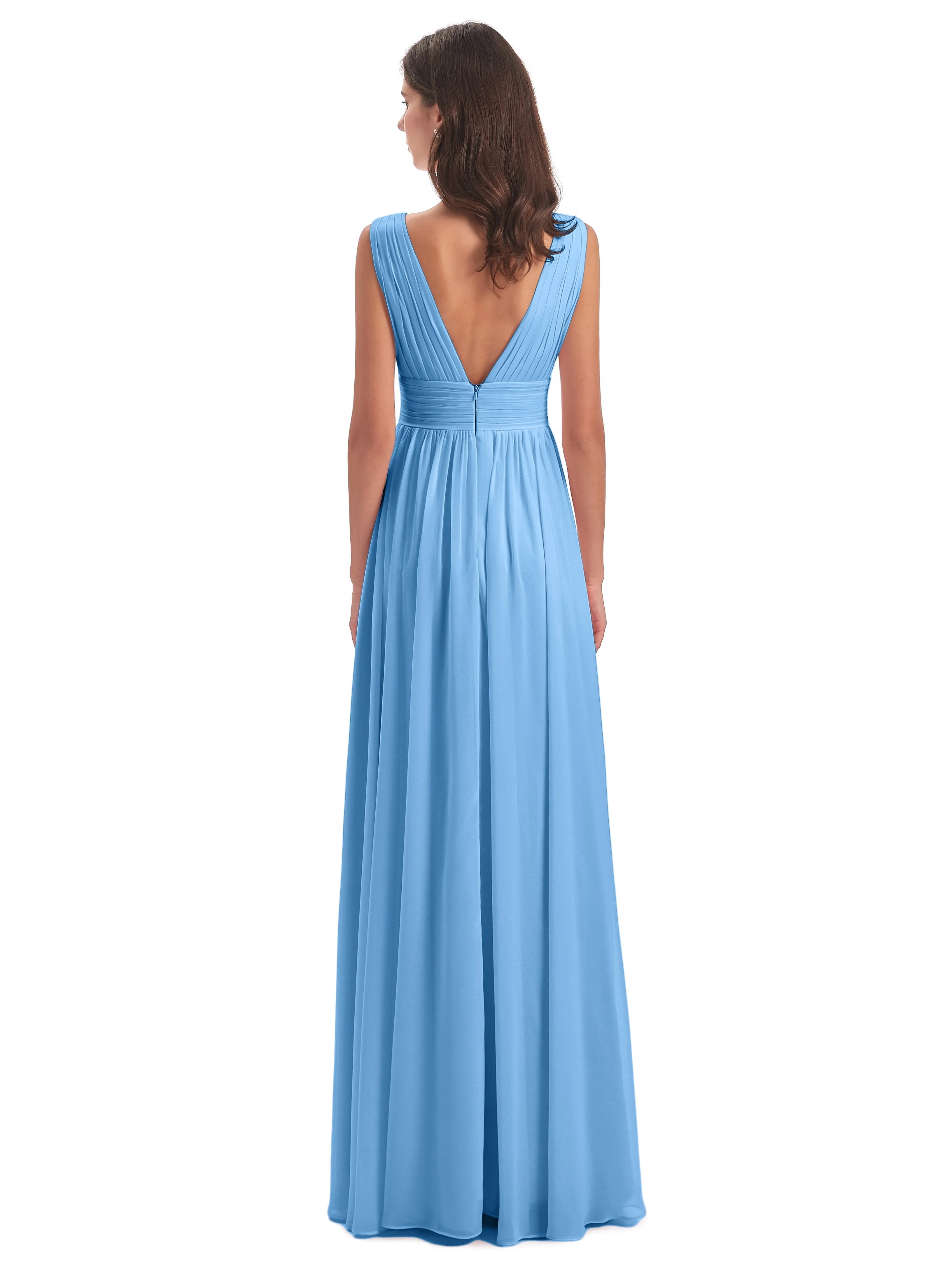 Bridesmaid Dresses Blue Charming Chiffon V Neck Split Long Bridesmaid Dresses