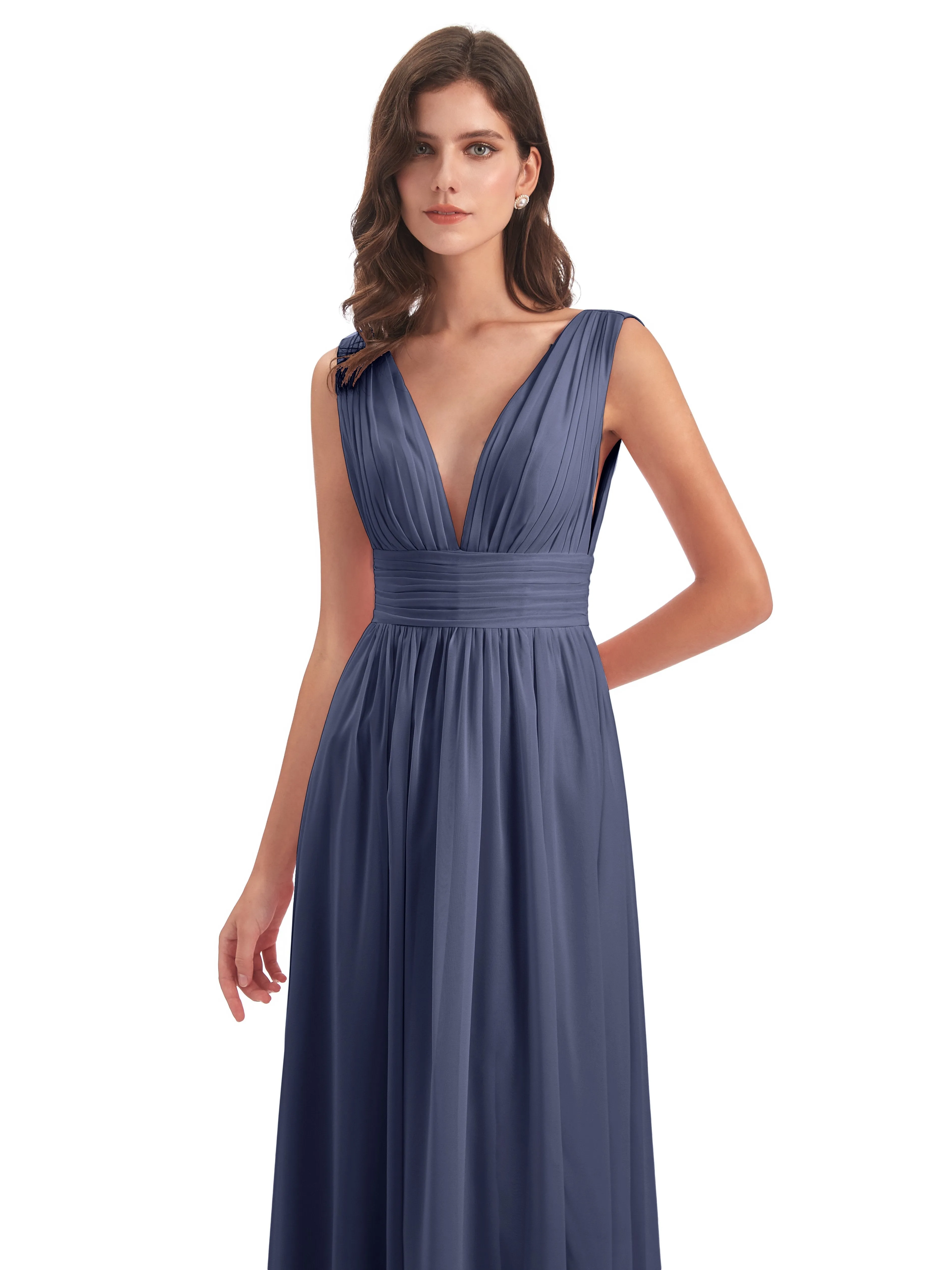 Bridesmaid Dresses Stormy Blue Charming Chiffon V Neck Split Long Bridesmaid Dresses