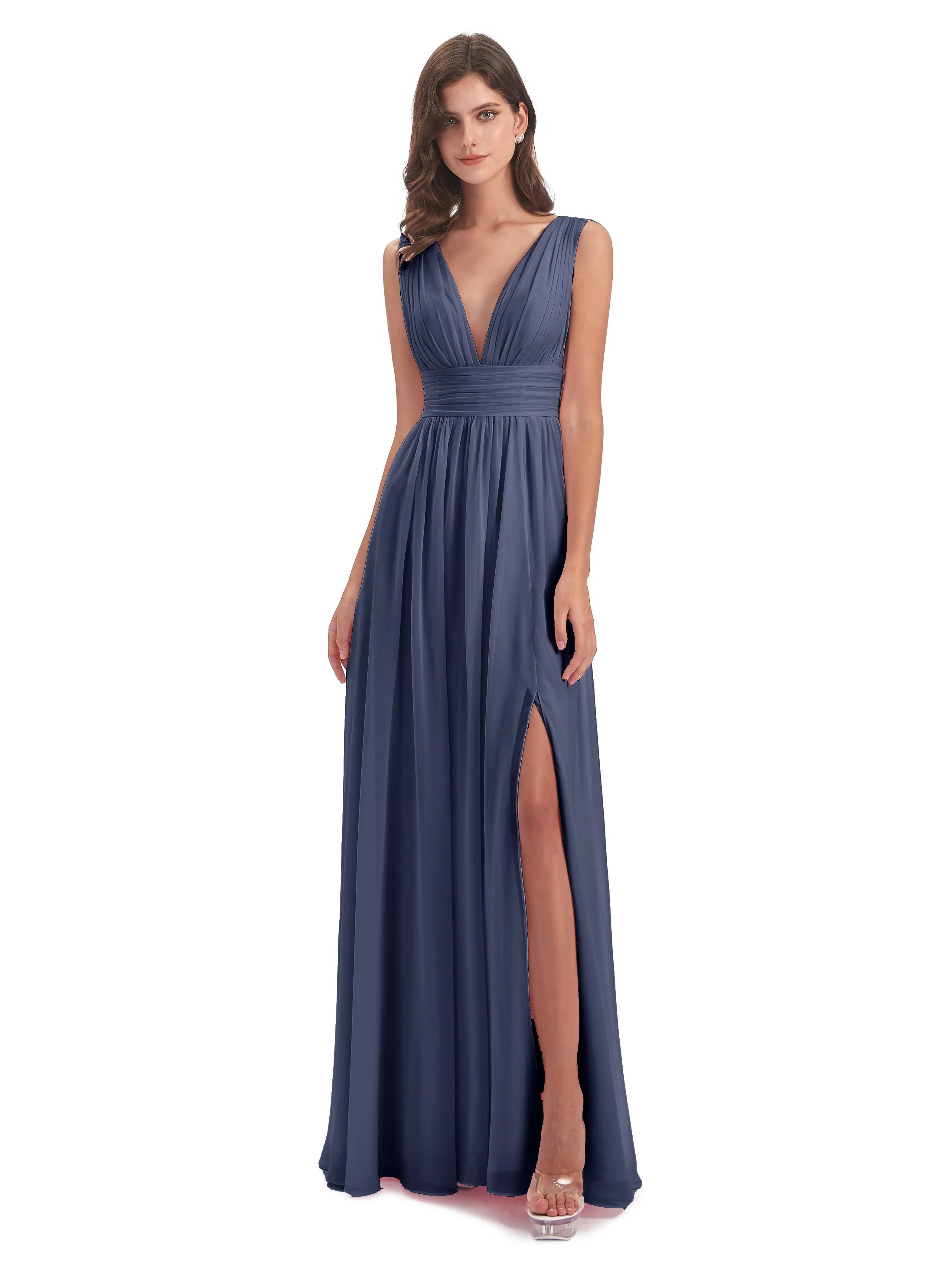 Bridesmaid Dresses Stormy Blue Charming Chiffon V Neck Split Long Bridesmaid Dresses