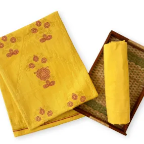 Bright Yellow Artful Flowers Woven Pure Linen Kurta Fabric (2.5 Meters) | and Cotton Pyjama (2.5 Meters) | Unstitched Combo Set