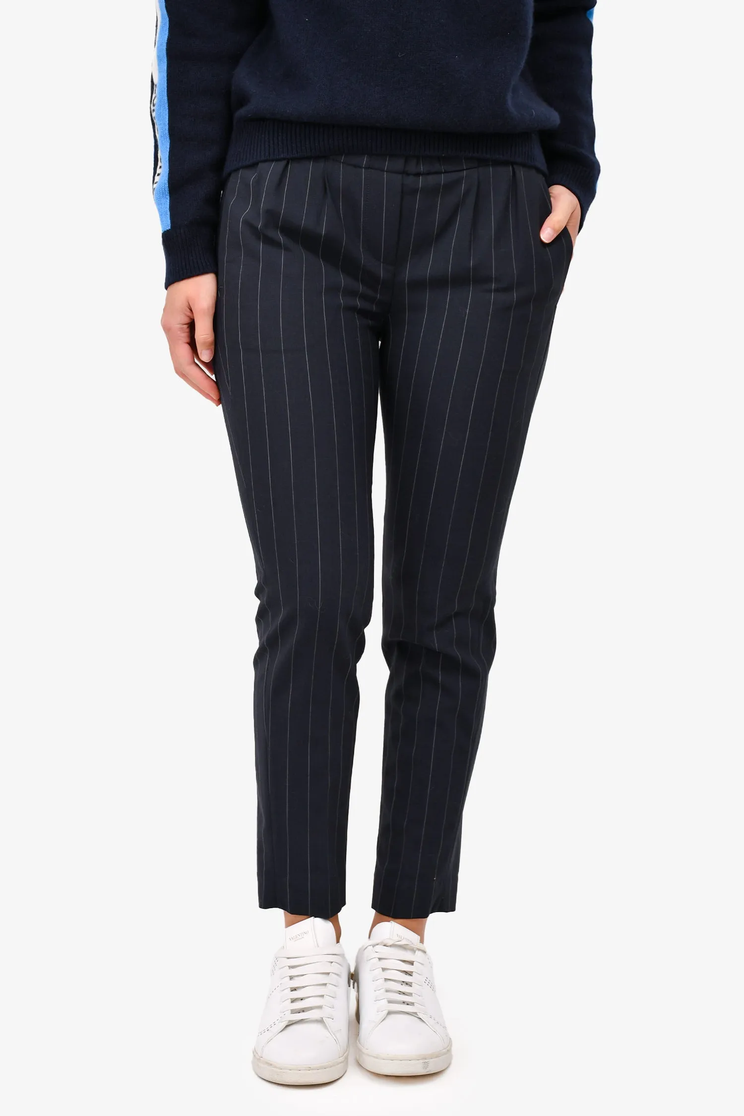 Brunello Cucinelli Navy Wool Pinstripe Slim Trousers Size 4