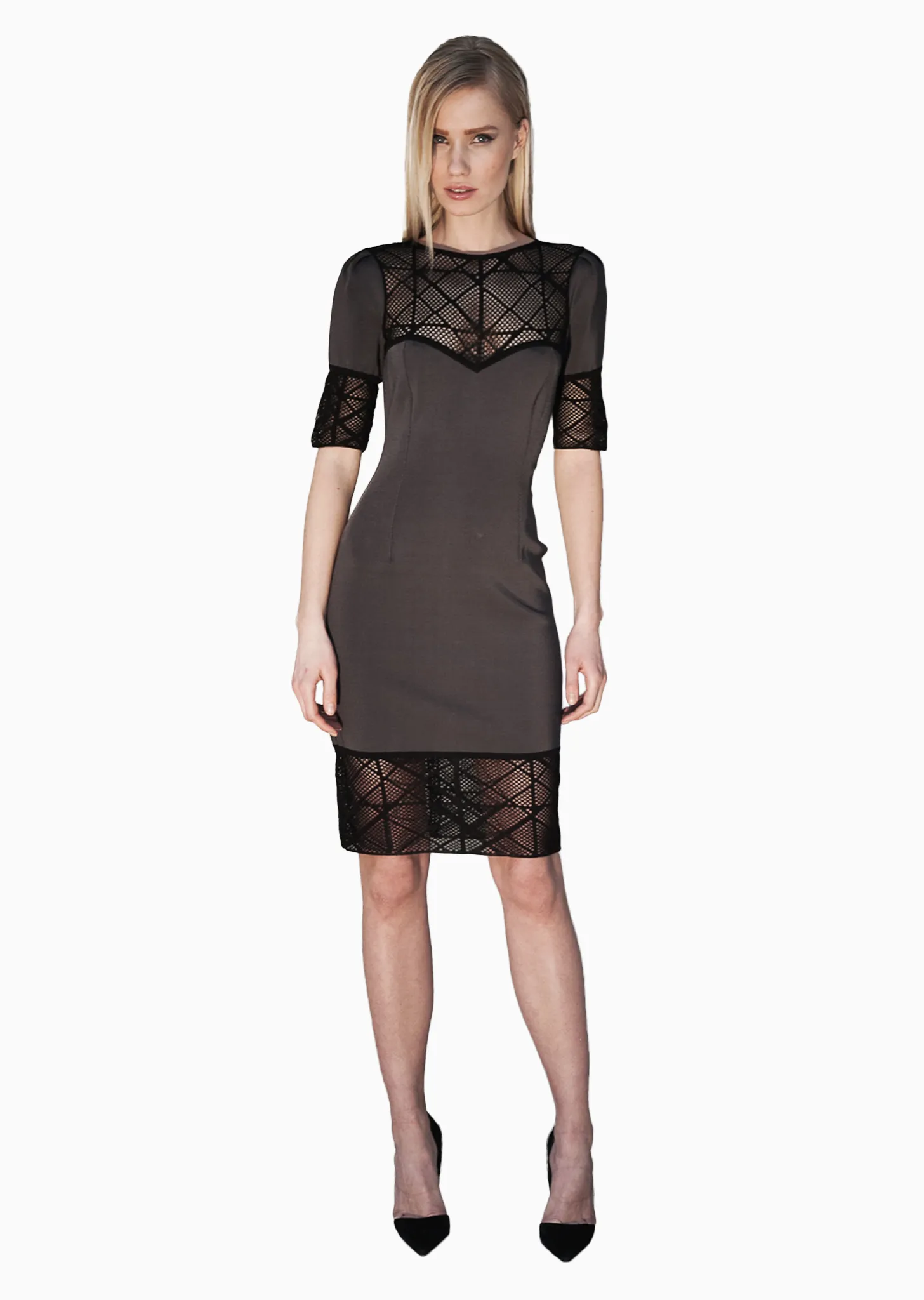 Cecile - Short Sleeve, Black Mesh Pencil Dress