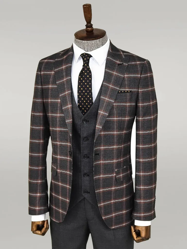 Checked Patterned Black Slim Fit Suit - Wessi