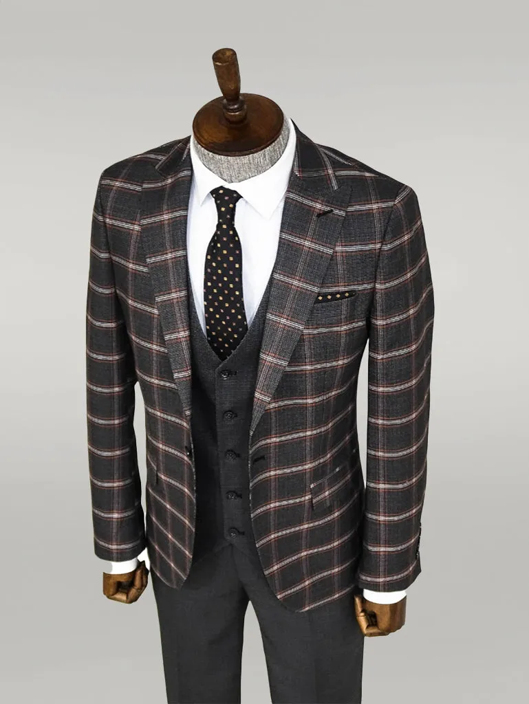 Checked Patterned Black Slim Fit Suit - Wessi