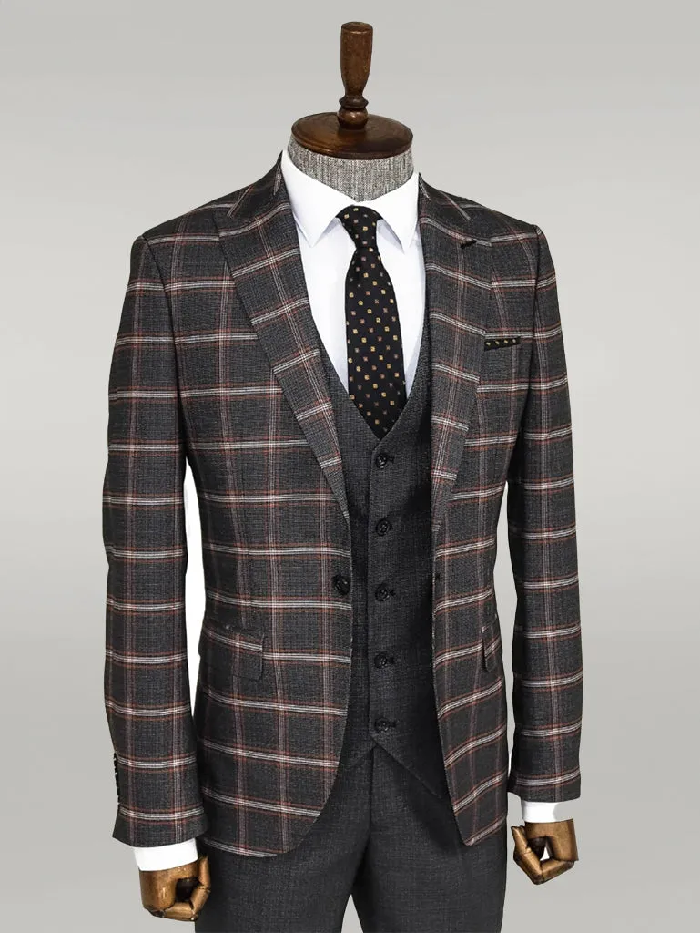 Checked Patterned Black Slim Fit Suit - Wessi