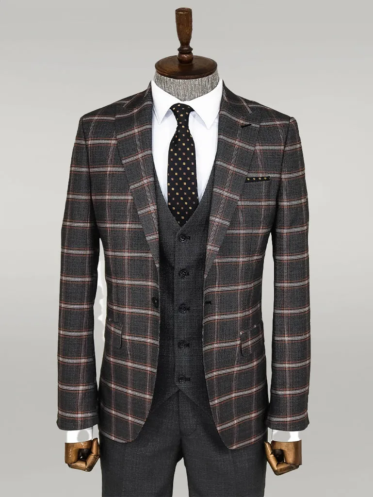 Checked Patterned Black Slim Fit Suit - Wessi