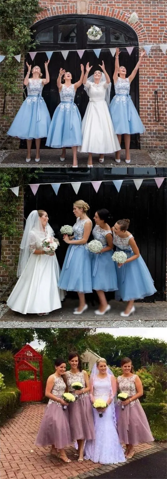 Chic Vintage Style Midi Tea Length Lace Top Blue Bridesmaid Dresses #110504