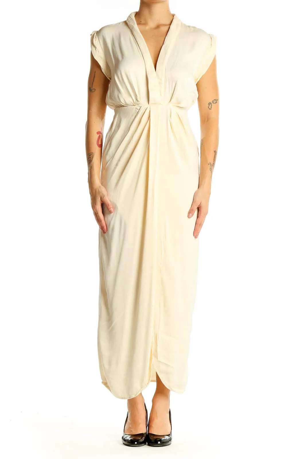 Cream Elegant Maxi Dress with V-Neck