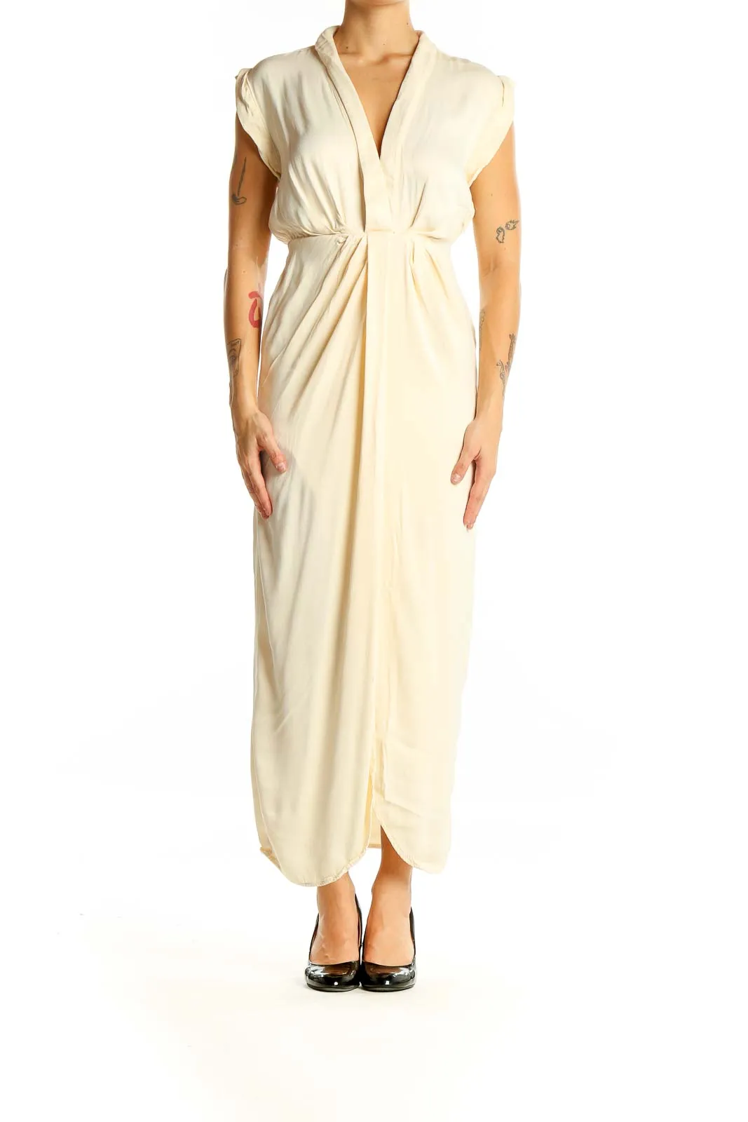 Cream Elegant Maxi Dress with V-Neck