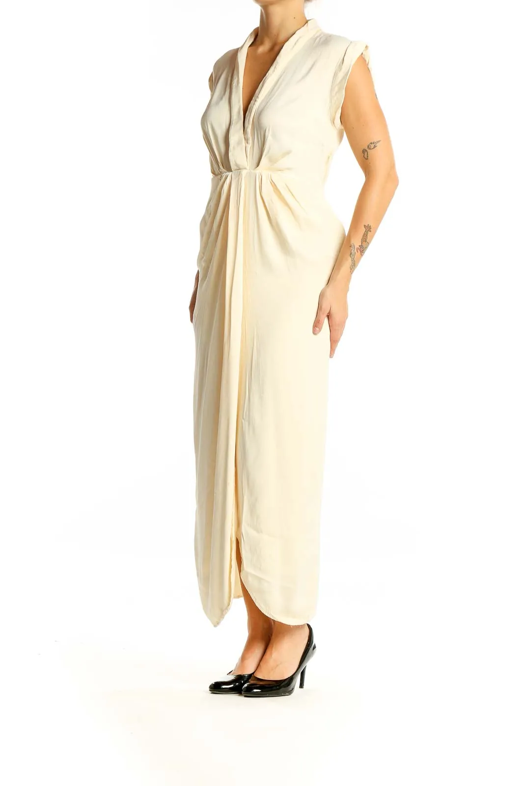 Cream Elegant Maxi Dress with V-Neck