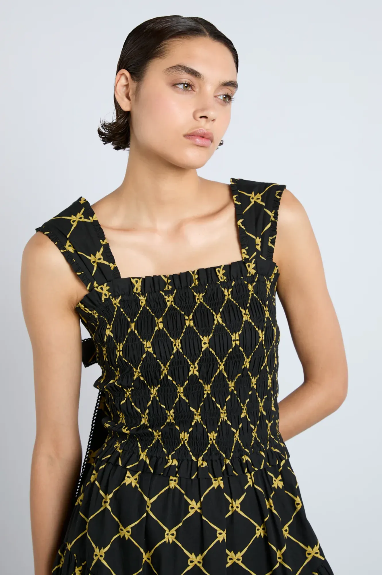 Damson Madder Tish Black with Yellow Bows Midi Dress