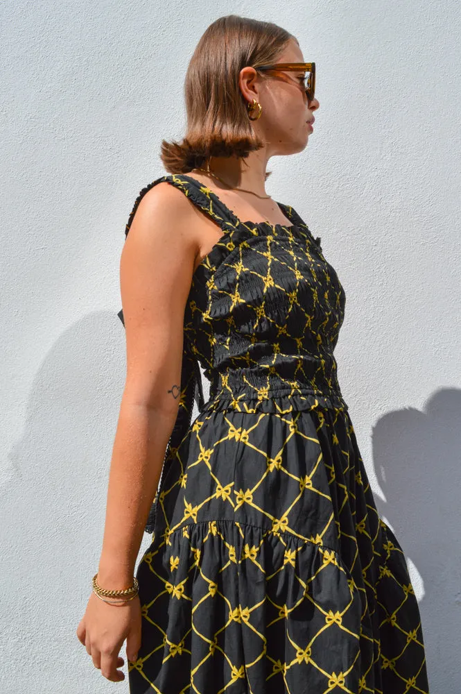 Damson Madder Tish Black with Yellow Bows Midi Dress