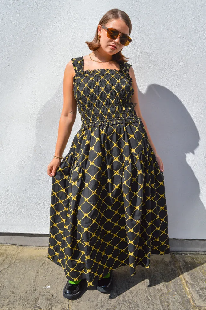 Damson Madder Tish Black with Yellow Bows Midi Dress