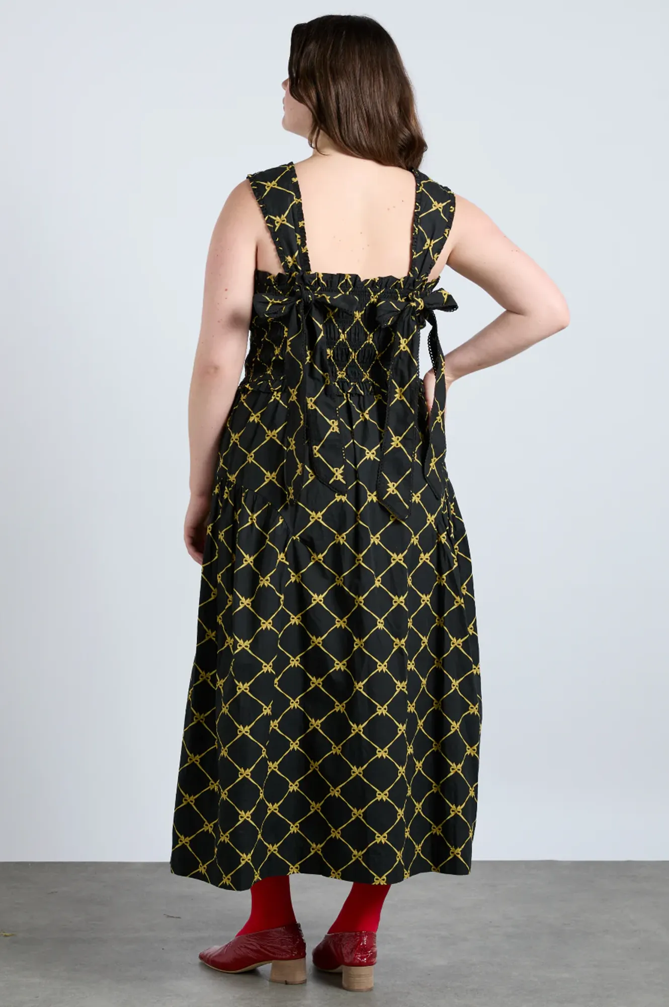 Damson Madder Tish Black with Yellow Bows Midi Dress