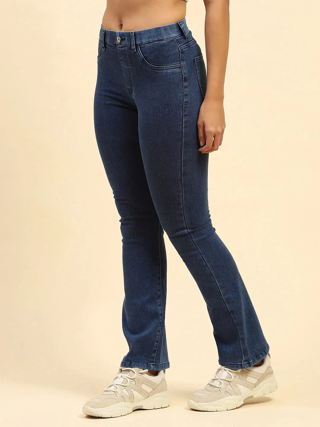 Dark Blue Solid Cotton Blend Straight Fit Jegging