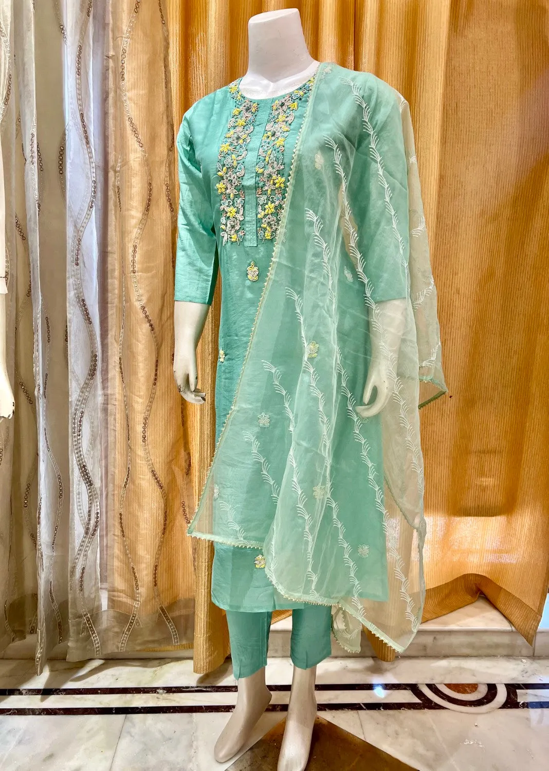 Designer Hand embroidered Straight pant suit set in Sea Green shade with Pearl Detailing