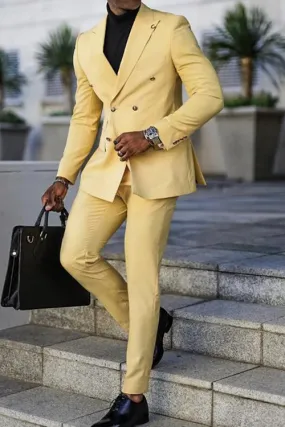 Duoble Breasted light Yellow Prom Suits Men Graduation Outfits 2 Pieces CS4320