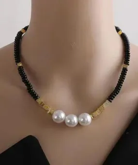 Elegant Black Alloy Pearl Beading Gratuated Bead Necklace ML1265