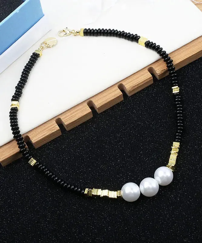 Elegant Black Alloy Pearl Beading Gratuated Bead Necklace ML1265