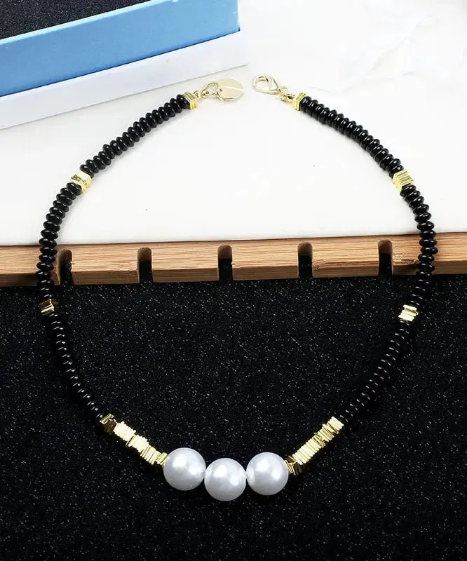 Elegant Black Alloy Pearl Beading Gratuated Bead Necklace ML1265