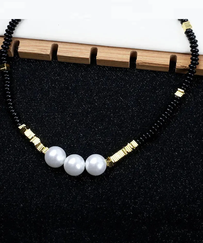 Elegant Black Alloy Pearl Beading Gratuated Bead Necklace ML1265