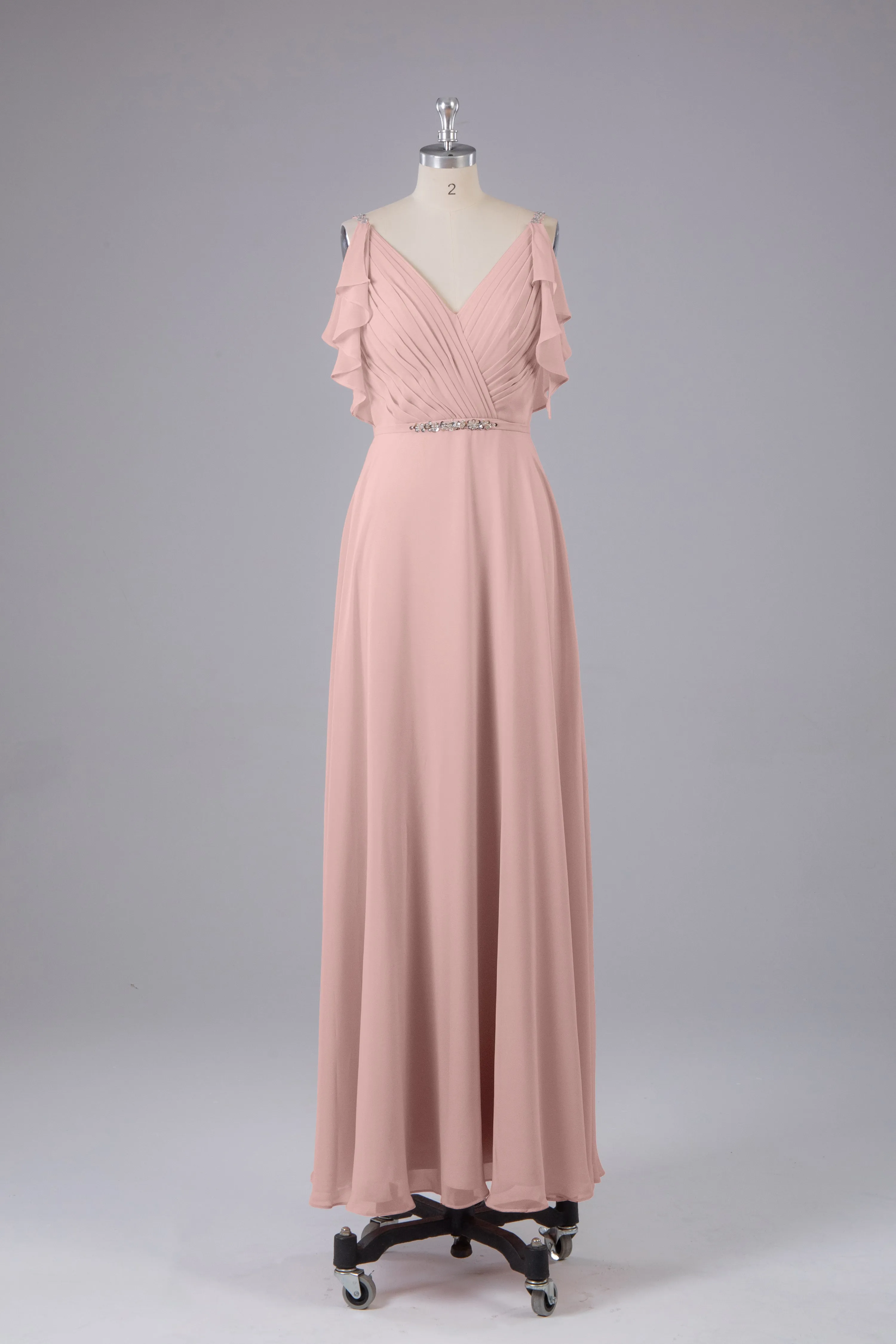 Elegant Chiffon Straps V-Back Long Bridesmaid Dresses