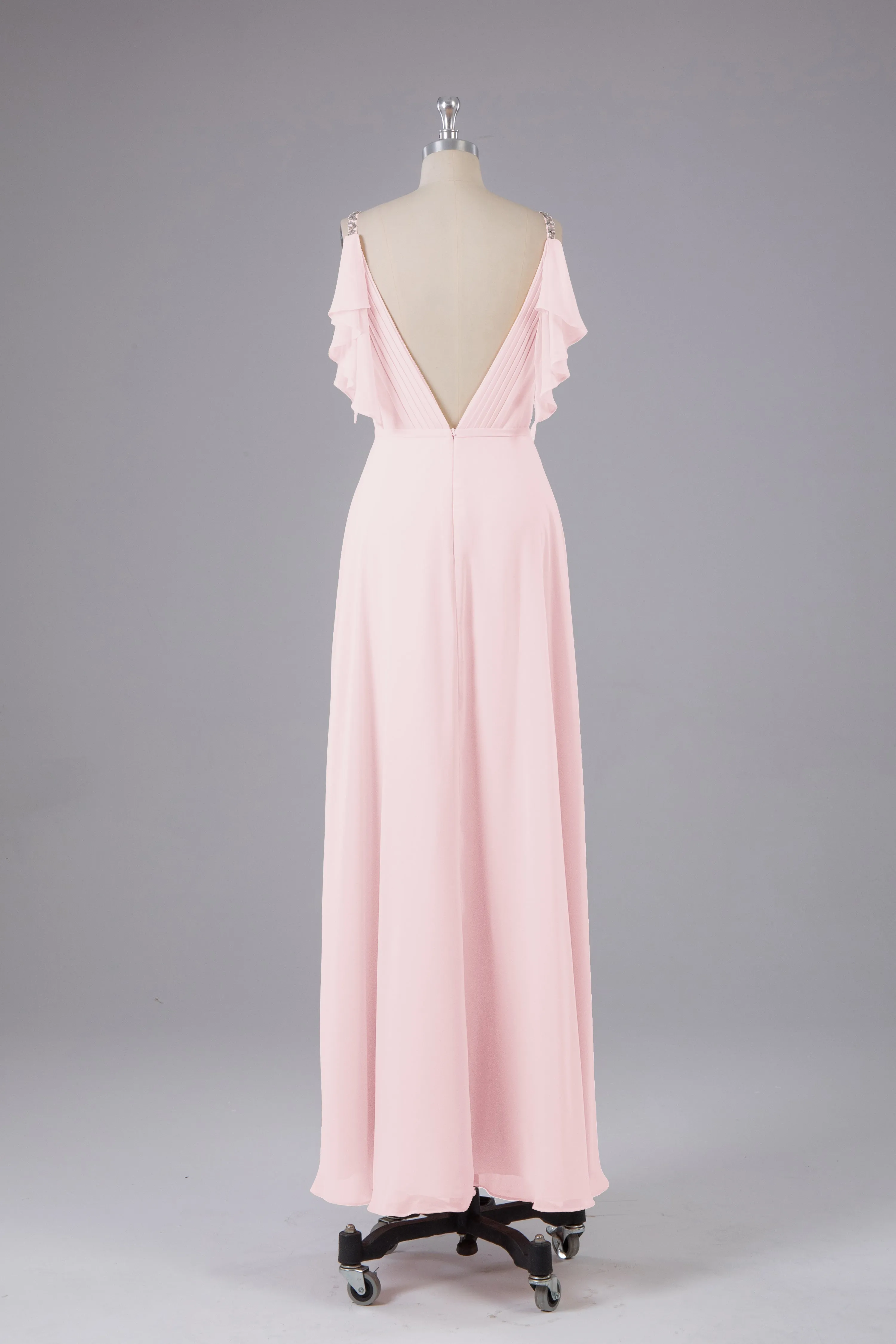 Elegant Chiffon Straps V-Back Long Bridesmaid Dresses