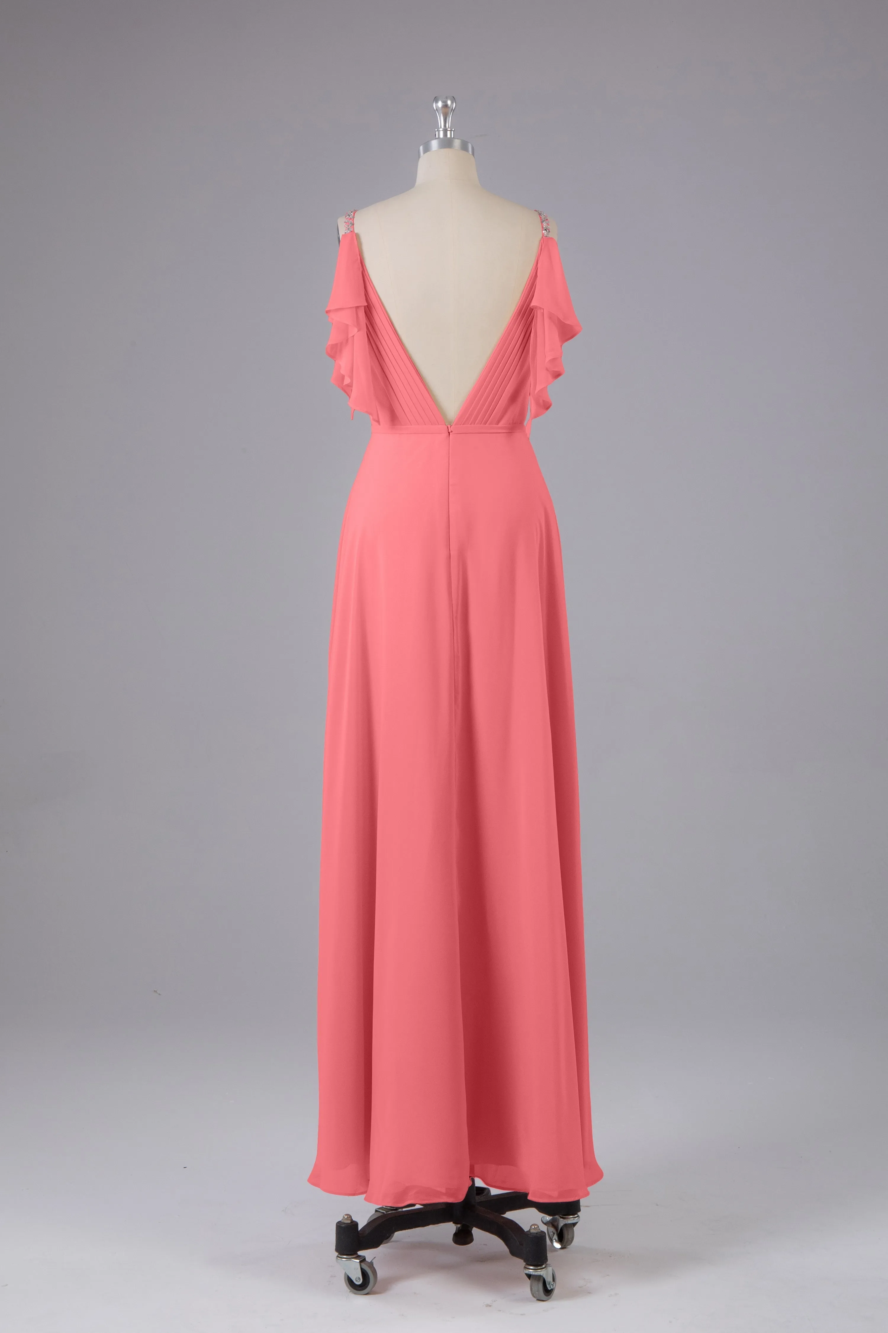 Elegant Chiffon Straps V-Back Long Bridesmaid Dresses