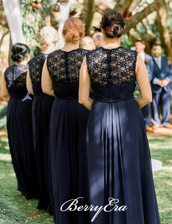 Elegant Lace Chiffon Navy Long Bridesmaid Dresses