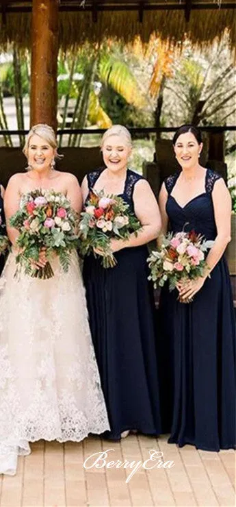 Elegant Lace Chiffon Navy Long Bridesmaid Dresses