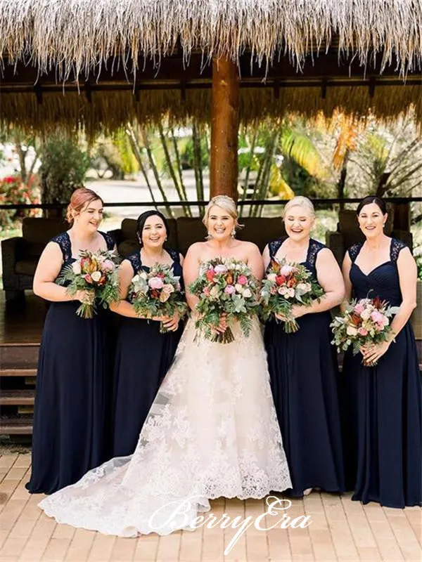 Elegant Lace Chiffon Navy Long Bridesmaid Dresses