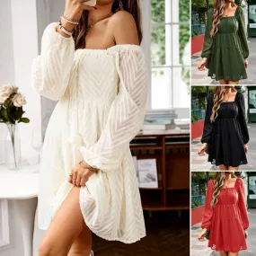 Elegant Long-Sleeved Short Square-Neck Dress