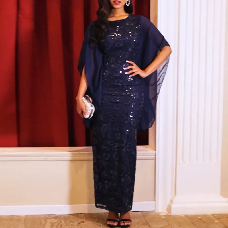 Elegant Navy Vintage Long Pencil Sequins Mesh Maxi Dresses