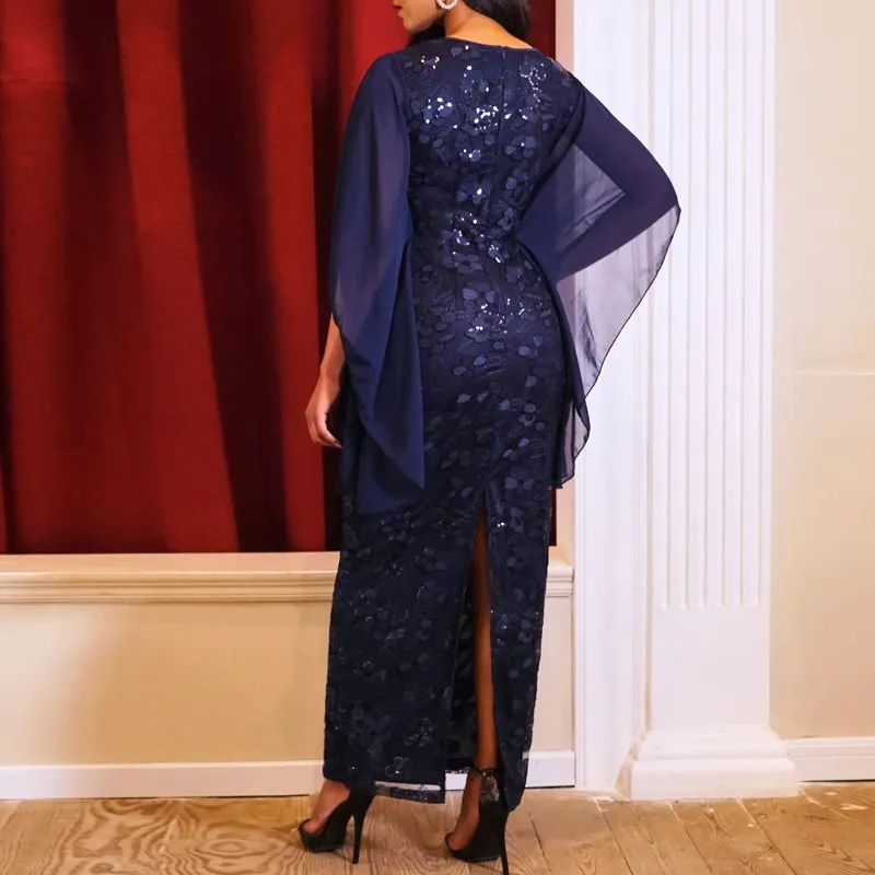 Elegant Navy Vintage Long Pencil Sequins Mesh Maxi Dresses