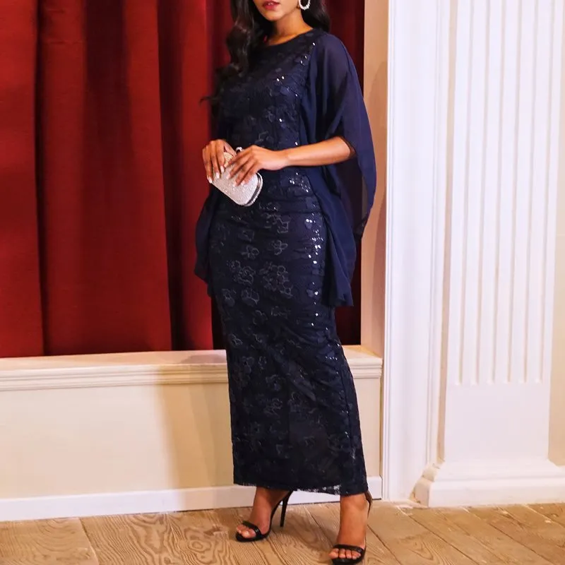 Elegant Navy Vintage Long Pencil Sequins Mesh Maxi Dresses