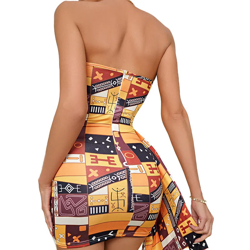 Elegant Strapless Side Sash for a Sensual Look Printed Dress