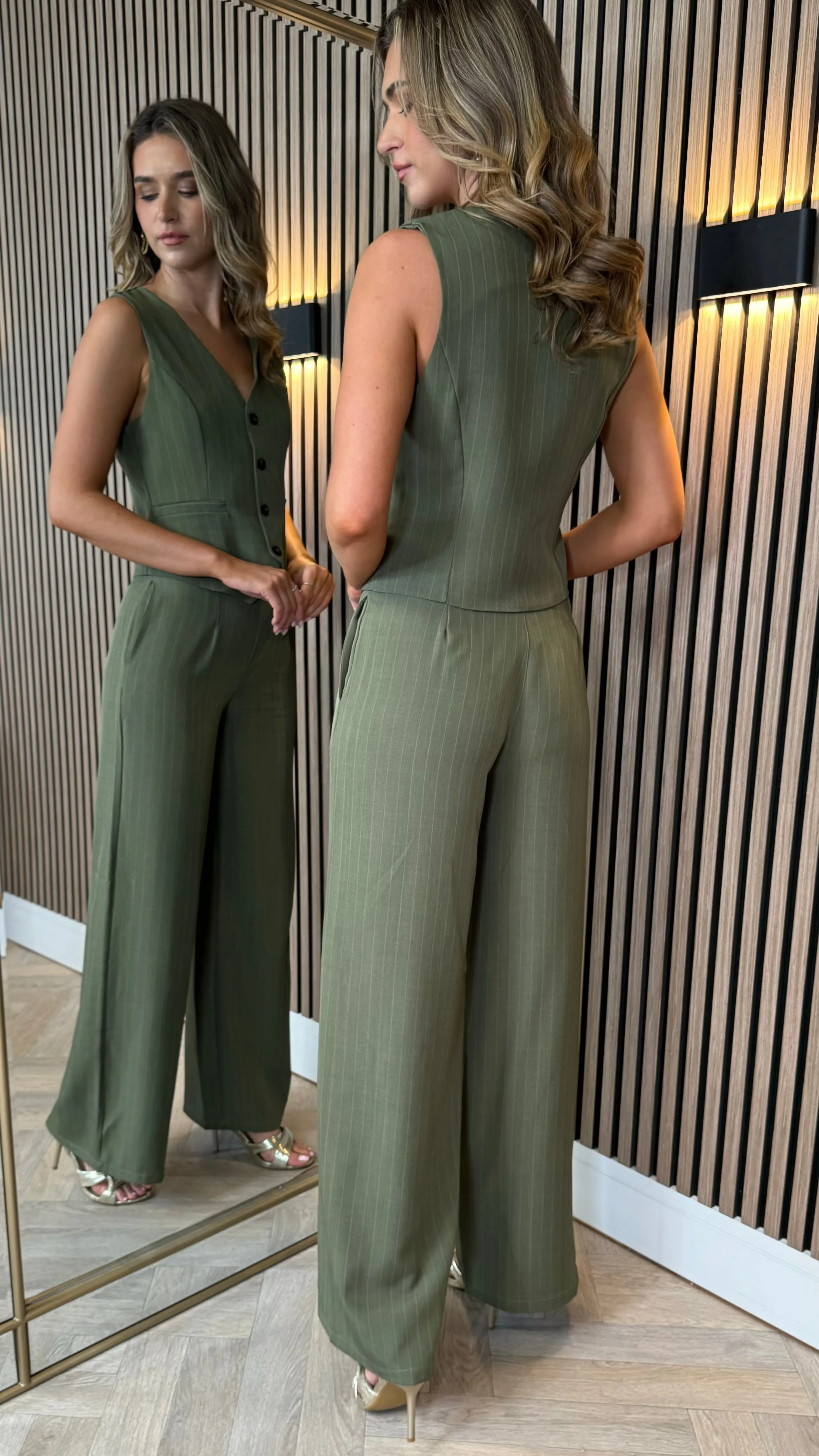 Enya Khaki Pinstripe Waistcoat & Trousers Co Ord