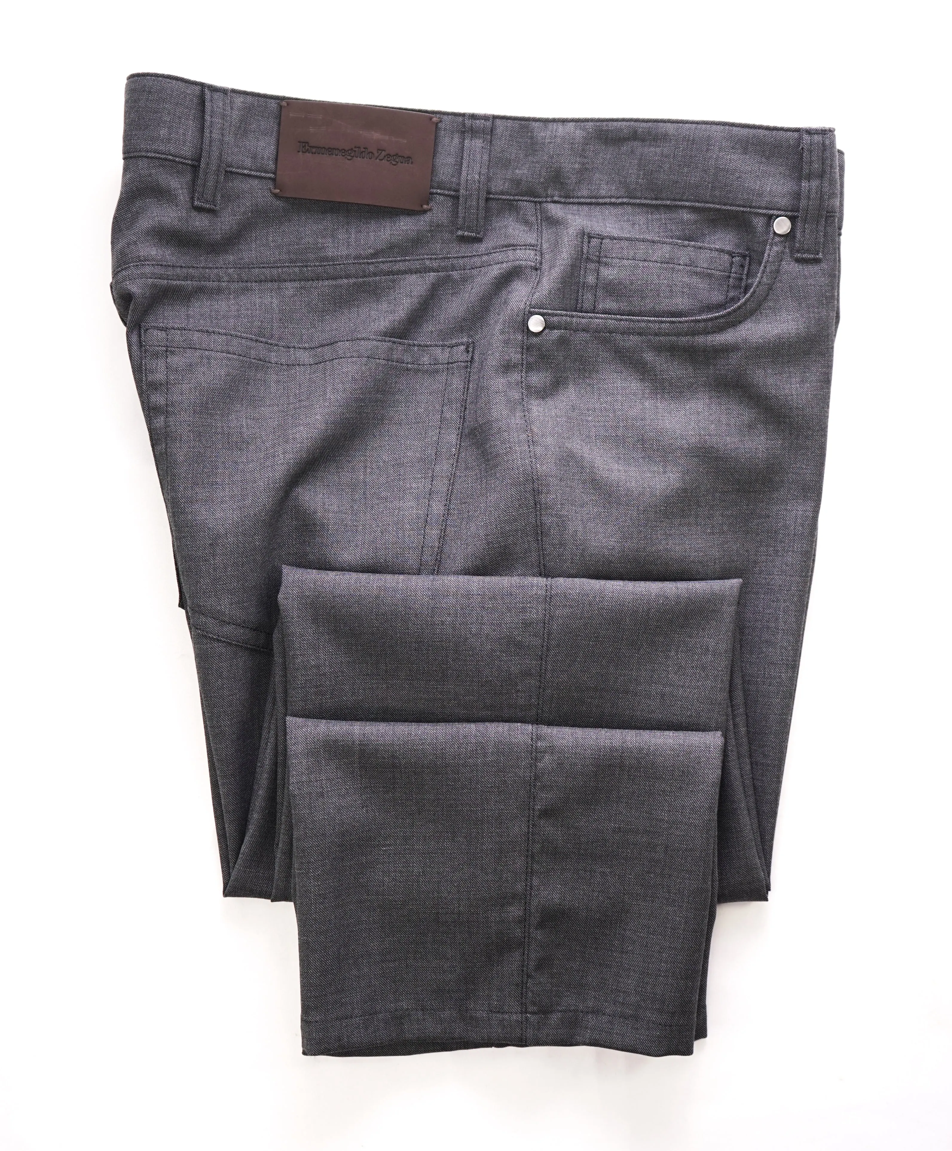 ERMENEGILDO ZEGNA - Gray WOOL Brown Suede Logo Tag 5-Pocket Pants - 36W