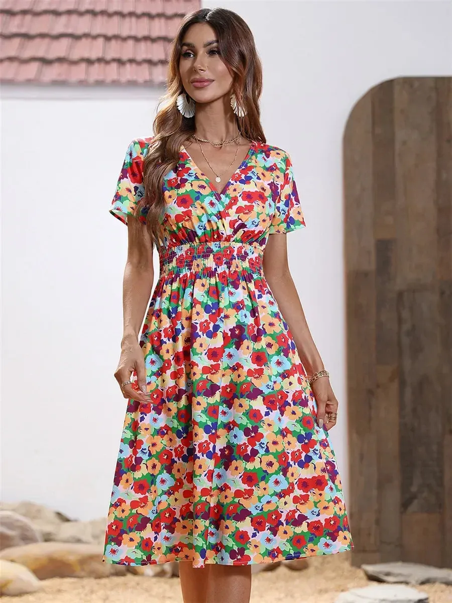 Floral Chic Summer Short Sleeve Fashionable Midi Dress